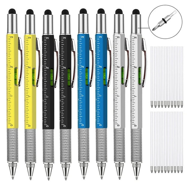 Amdohai 8Pcs 6 in 1 Multitool Pens Gifts for Men Cool Tech Tool Pen EDC Gadgets Screwdriver with Ruler Level Stylus Ballpoint Unique Men (Black Yellow Silver Blue )