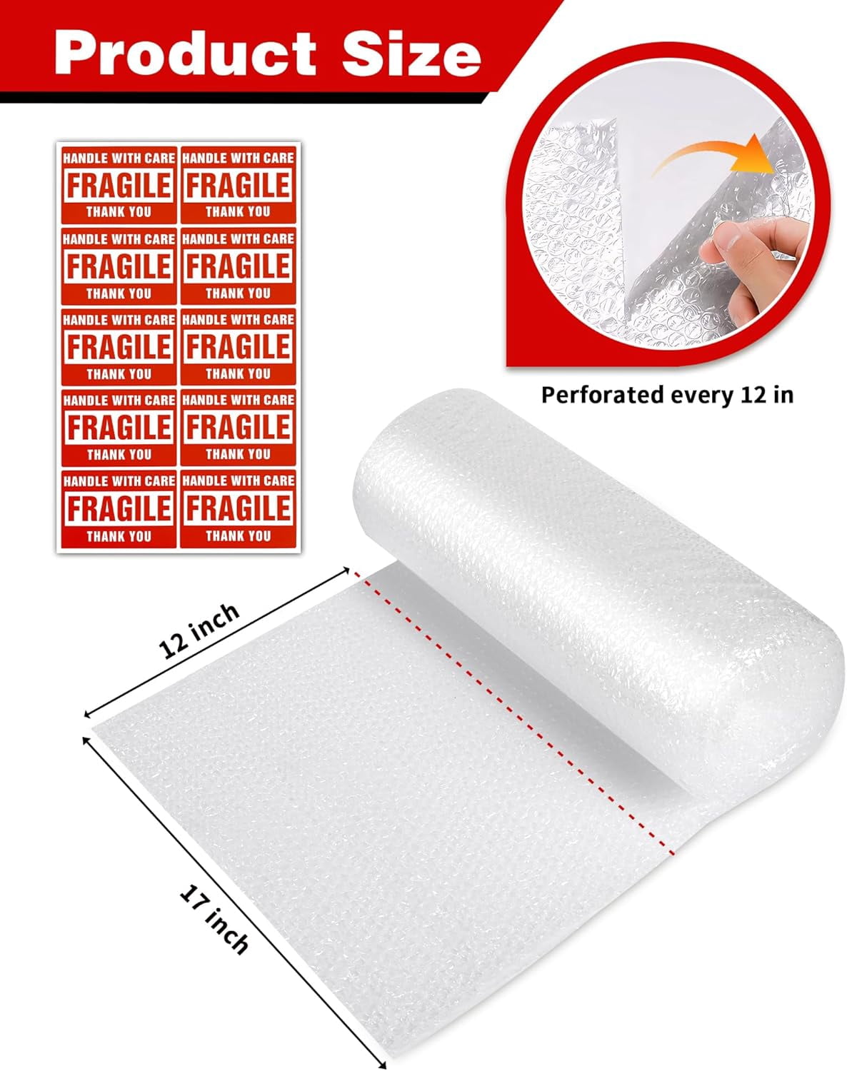 2-Pack Bubble Cushioning Wrap Rolls, 3/16" x 17" x 72' ft Total, Perforated 12" 20 Fragile Stickers for Shipping, Packaging, Mailing