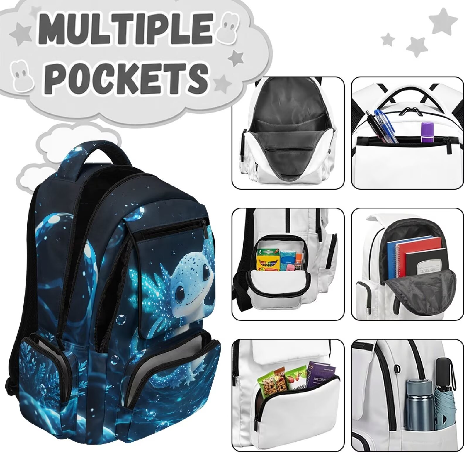 Mochila infantil de ajolote azul para niñas, con estampado de acuarela, ligera, con múltiples bolsillos, regalo de regreso a clases 7