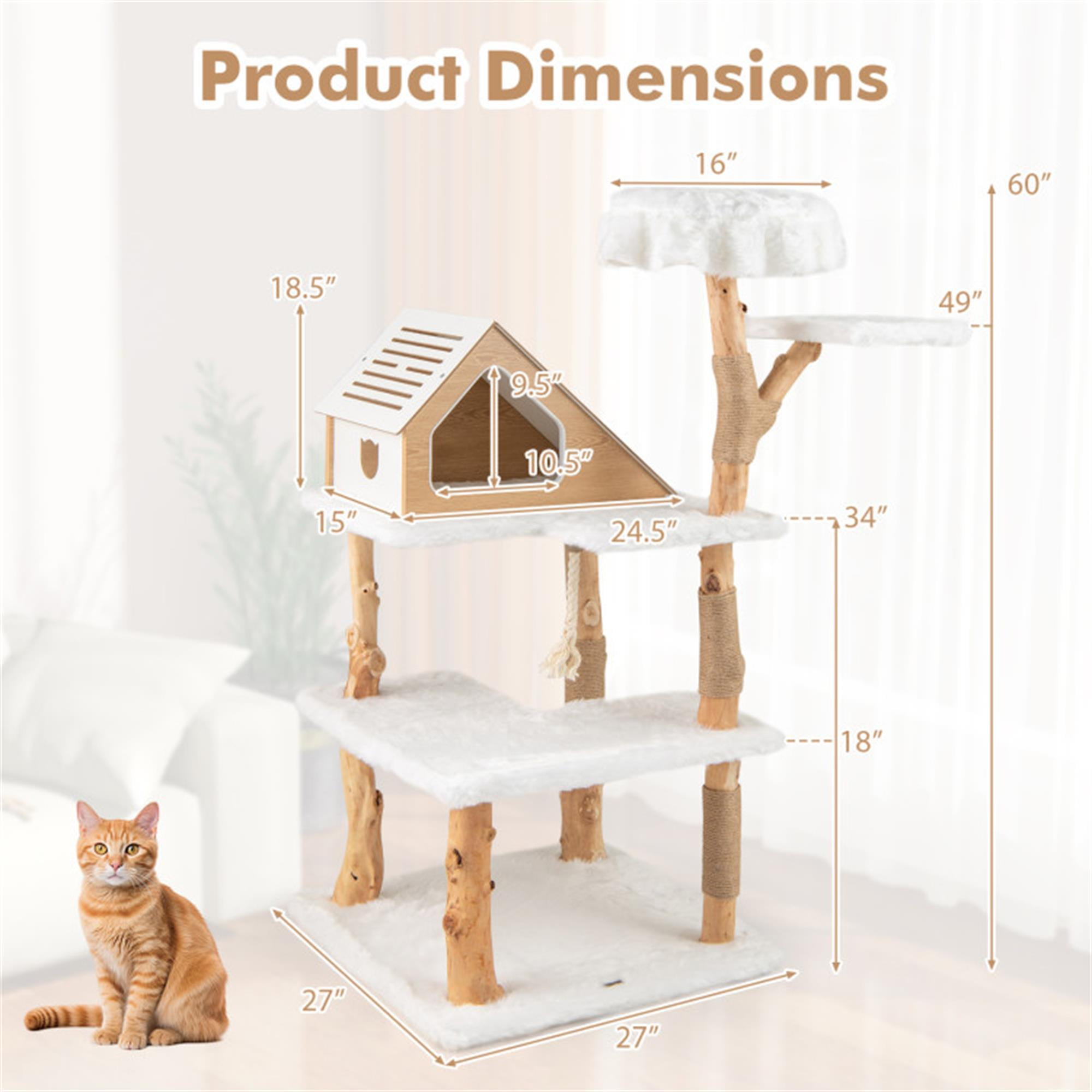 Kadyn 60" Solid Wood Cat Tree Tower for Indoor, Modern Cat Condo with Scratching Post, Cat Climbing Tree House Furniture, White