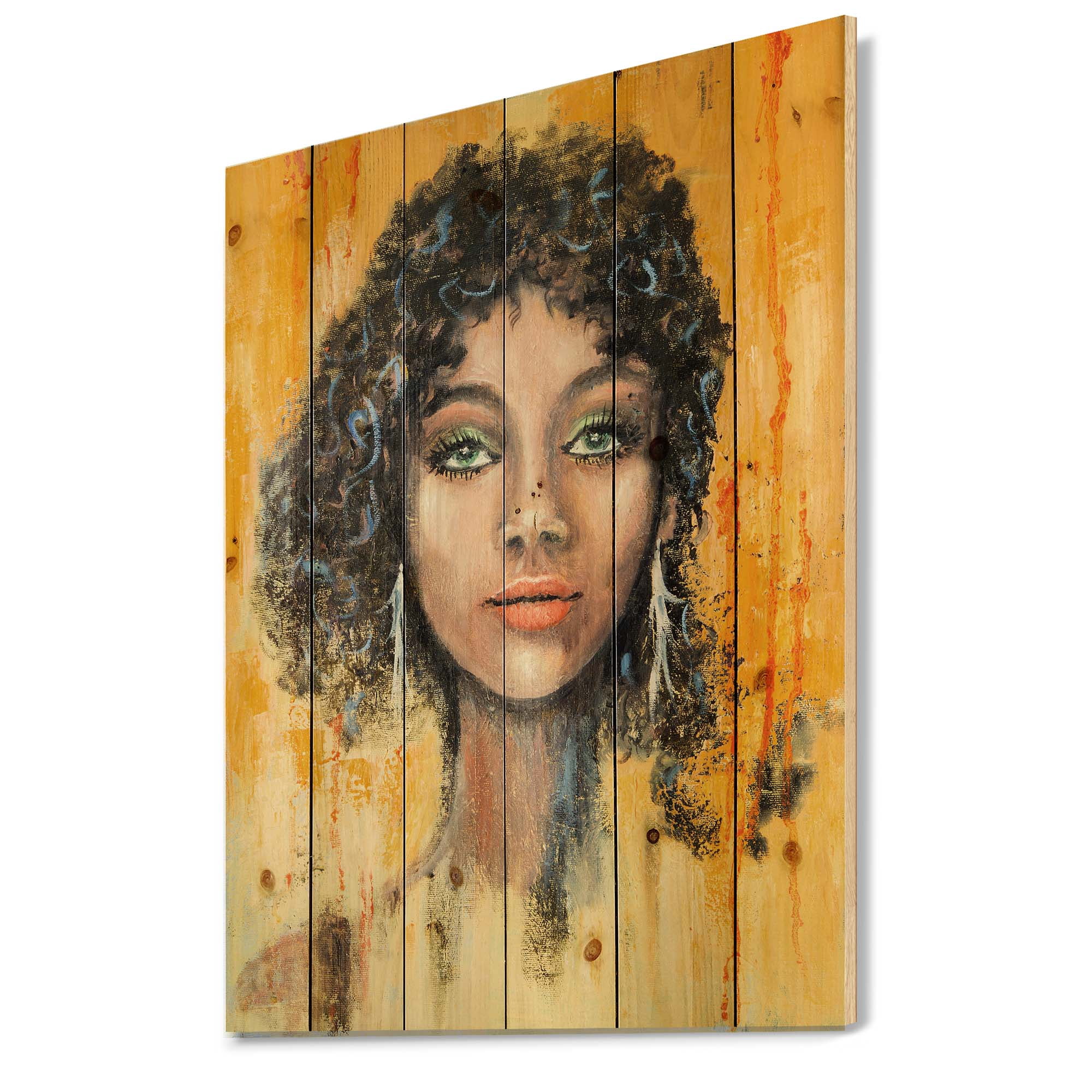Designart 'Girl Face With Green Eyes & Black Hair Impression' Modern Print on Natural Pine Wood
