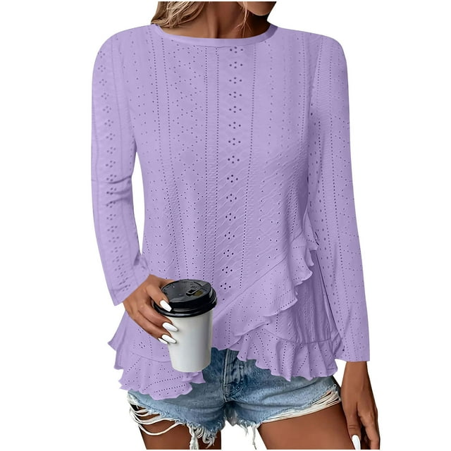 Tidyack , à Prix Réduit, T-shirt Uni, Col Rond à Manches Longues, Détail Ourlet en Dentelle, Tenue Décontractée, pour Femmes, Mode de Tous les Jours, 100 % Coton, Confort Extensible, Style d'Été, Tenue de Bureau