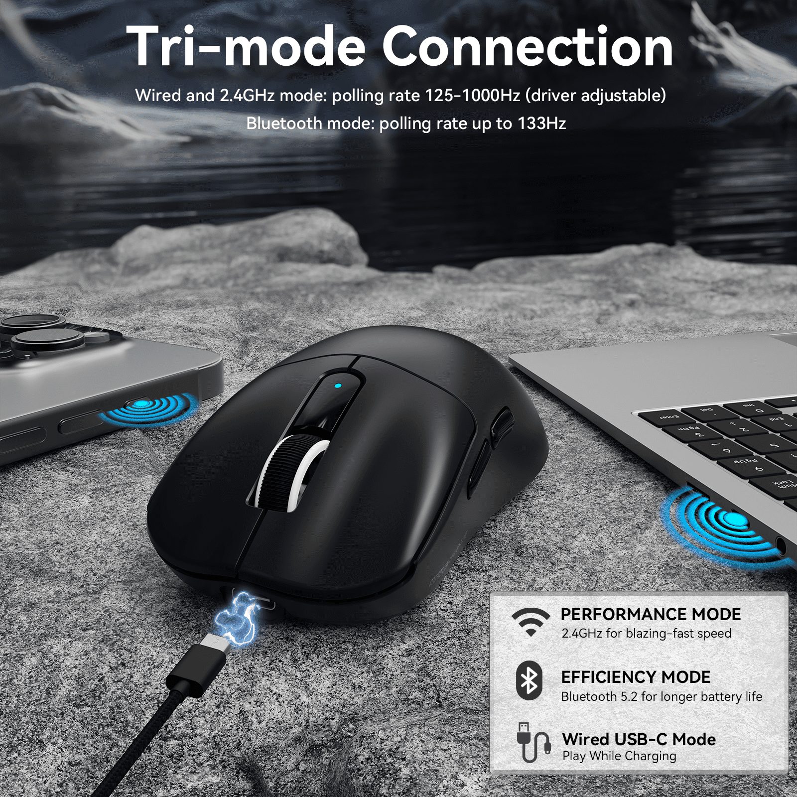 MAMBASNAKE M3 39g SUPERLIGHT Mouse, PixArt PAW3395PRO Gaming Sensor, BT/2.4G Wireless/Wired Gaming Mouse, 6 Adjustable DPI up to 40000, 200 Hrs Battery, Office Mice for Win11/Xbox/PS/Mac -Black