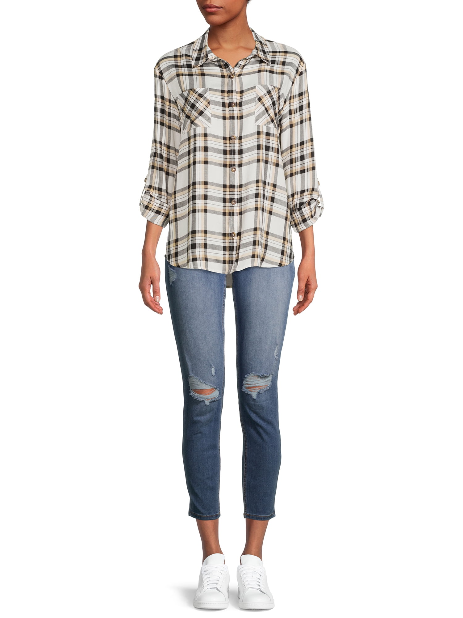 No Boundaries Juniors' Button-Front Plaid Shirt