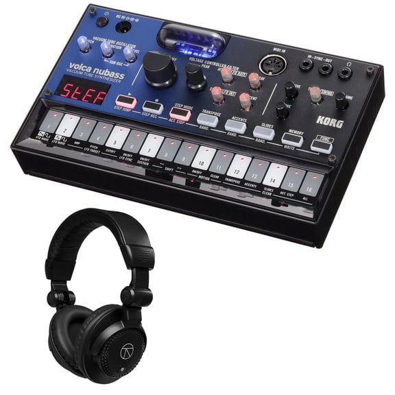 Korg Volca Nubass Vacuum Tube Bass Synthesizer with 16-Step Sequencer with H&A Closed-Back Studio Monitor Headphones
