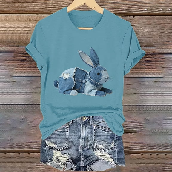 T-Shirts for Womens Summer Clothing Fashion Denim Patchwork Printing Short Sleeve Shirts Solid Loose Round Neck Blouses Pullover