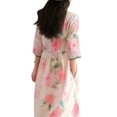 thumbnail image 3 of YM YOUMU Women V-neck Cotton Linen Floral Print Dress Half Sleeve Drawstring Loose Beach Holiday, 3 of 5