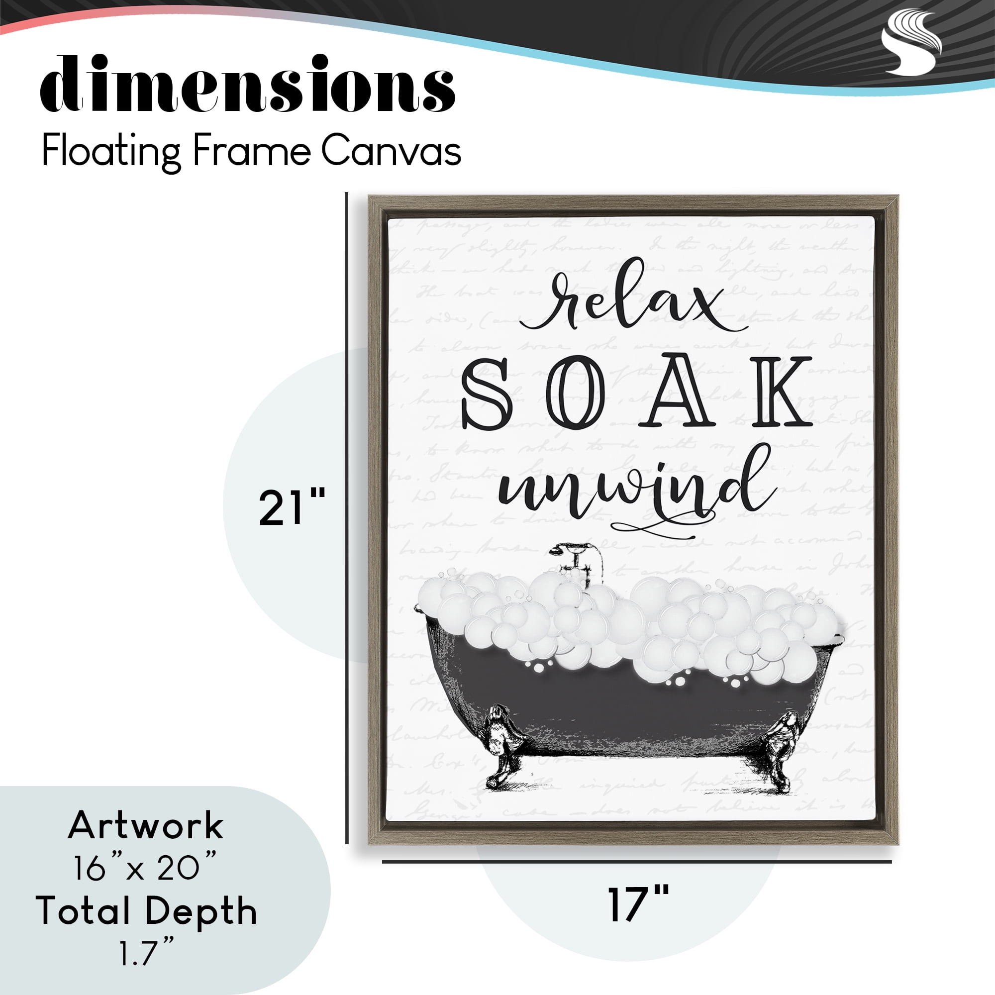 Soak Unwind Bubble Bath Brown Framed Floater Canvas Wall Art, design by Lettered and Lined