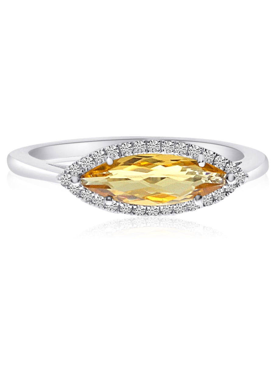 14K White Gold East West Marquis Citrine and Diamond Ring