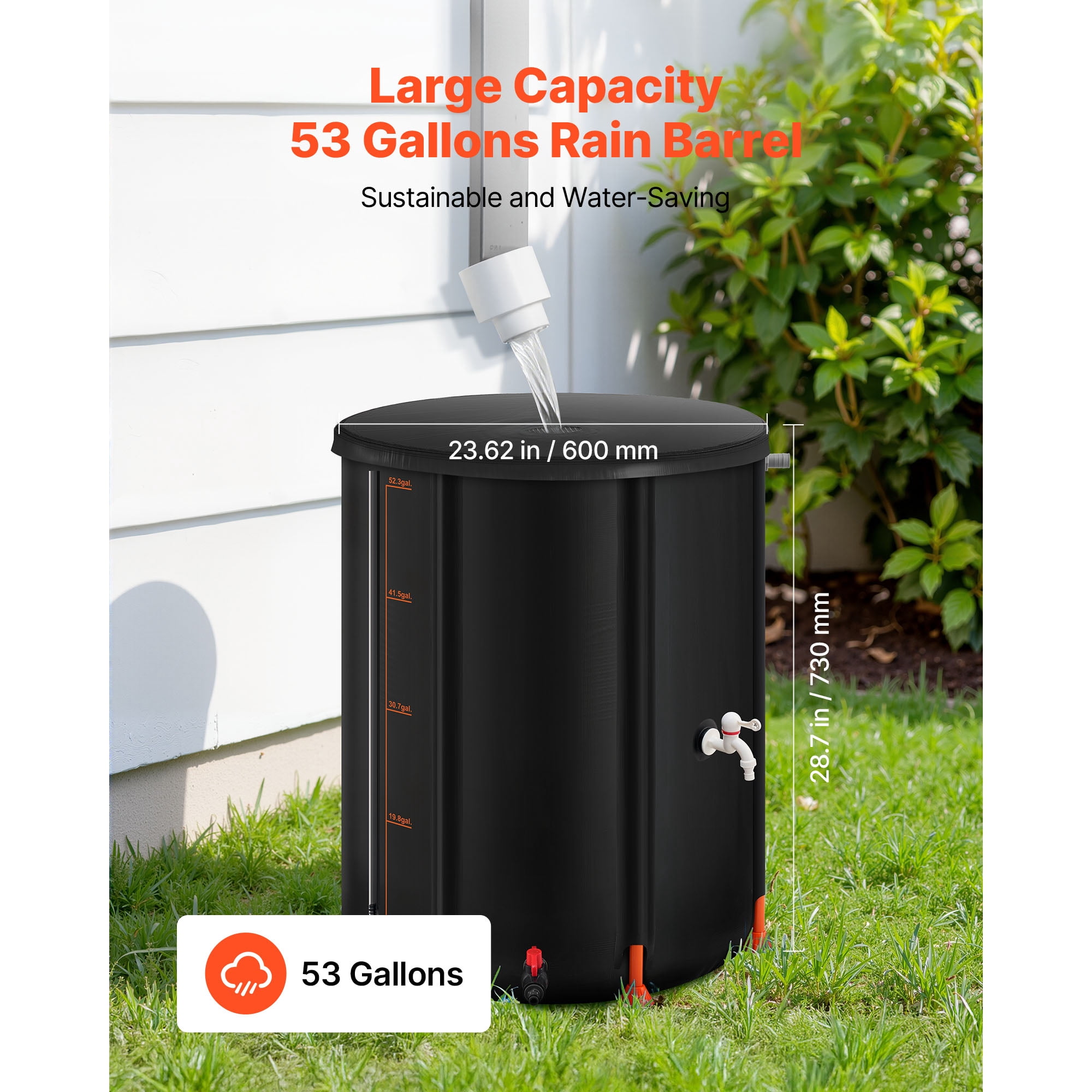 KFFKFF Collapsible Rain Barrel, 53 Gallon Portable Rainwater Collection System, Durable 1000D PVC Garden Water Storage Tank with Spigot and Overflow Kit, Black