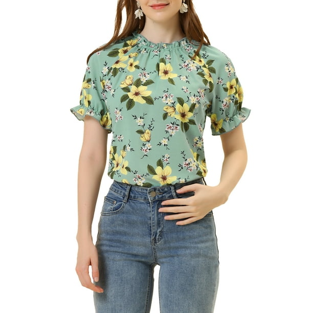 BLUSA CHIC PARA MUJER INSPIRADA, CON FLORES, MANGAS CORTAS RIZADAS, CUELLO RIZADO, BLUSAS CASUAL TALLA XS VERDE GRISÁCEO