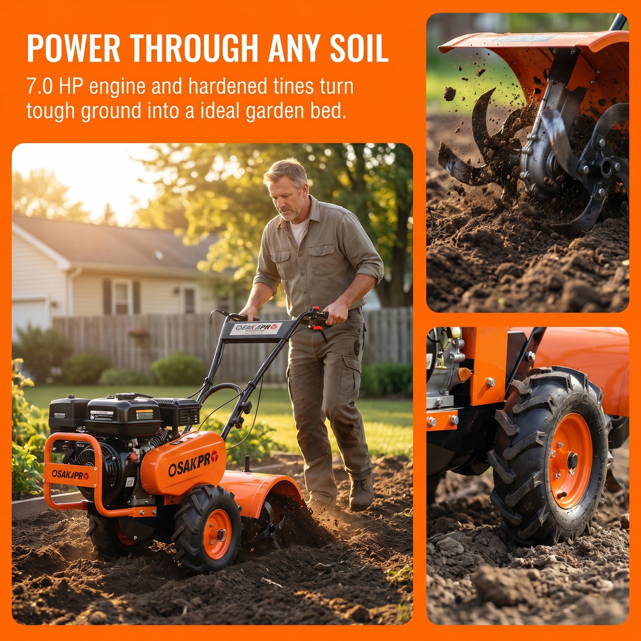 Heavy Duty Rear Tine Tiller 7HP 212CC Gas Powered Cultivator 20 Inch Wide 8 Inch Deep Garden Tiller for Yard Soil Prep Vegetable Beds and Gardening
