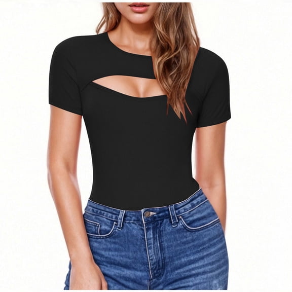 hoksml Women's Short Sleeve T-Shirt Slim Fit Solid Color Round Neck with Cut-Out Detail Casual Pullover Top