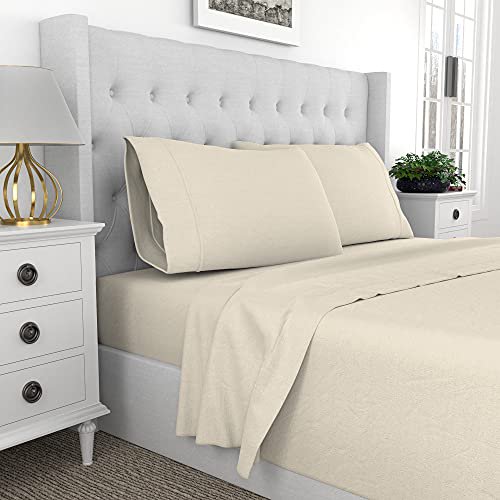 AIREOLUX Ensemble de Draps 4 Pcs en Coton 600 Fils, Meilleurs Draps de Lit Tissage Satin, Infroissable, Doux et Soyeux, Faible Boulochage, Drap-Housse Breveté Convient à une Poche Profonde jusqu'à 18 Pouces (Ivoire, Très Grand)