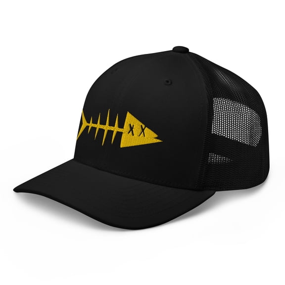 Clishirt Adult Unisex 3D Puff Embroidered Yellow Fish Adjustable Black Retro Trucker Cap
