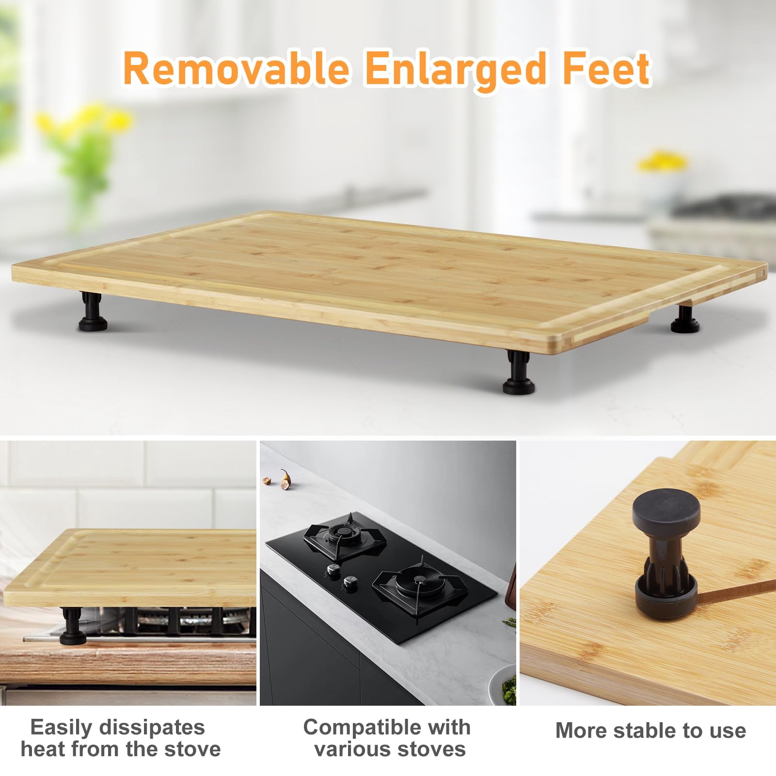 Danolapsi 30" x 20" Bamboo Stovetop Cover Cutting Board with Legs and Juice Grooves,XXX Large Stove Top Cover for Gas Burners Stove Top,Cooktop Protector Noodle Board Stove Cover for RV Stove