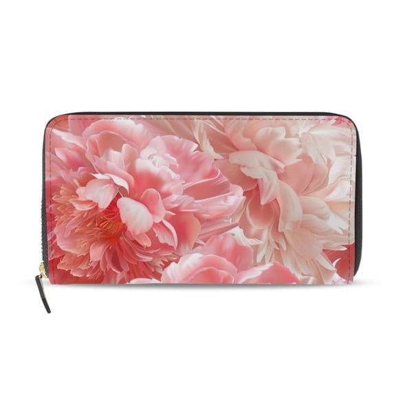 Blooming Peony Flowers Women's Long Zipper Wallet Bifold Clutch Purse PU Leather Card Cases