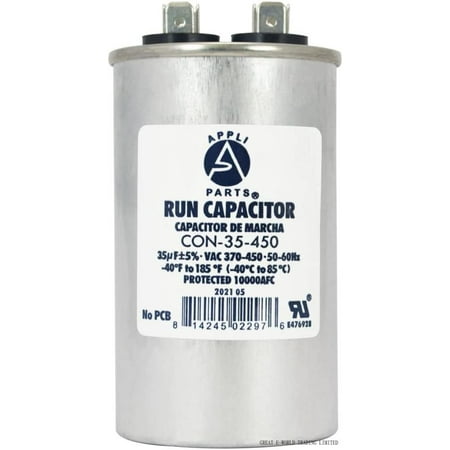 

Appli Parts Run Capacitor For Ac 35 Mfd Uf (Microfarads) 370 VAC Or 450 VAC CBB65 Round Universal Fit For Hvac And Other Applications 3-5/8 In High 1-7/8 In Wide CON-35-450