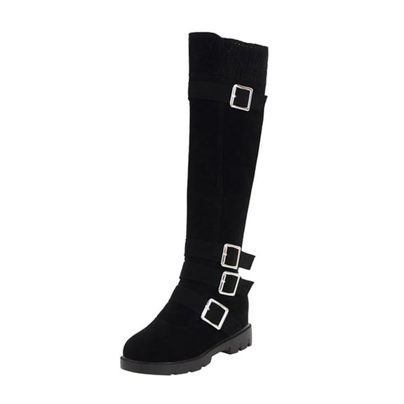 Women's -High Boots Ladies Fashion Retro Solid Suede Belt Buckle Zipper Thick Heel Knee Length Design