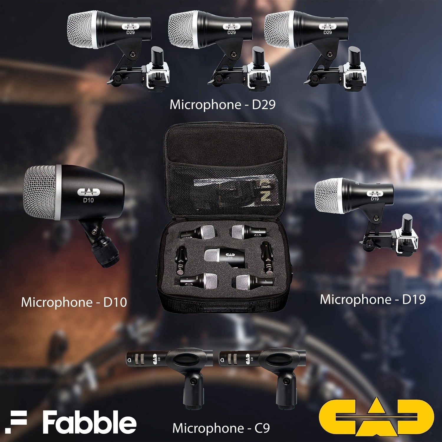 CAD Audio Stage7 7-Piece Drum Microphone Pack Bundle with 7× 10ft XLR Cables and Premium Microfiber Cleaning Cloth – Complete Drum Mic Kit for Live Sound and Studio Recording