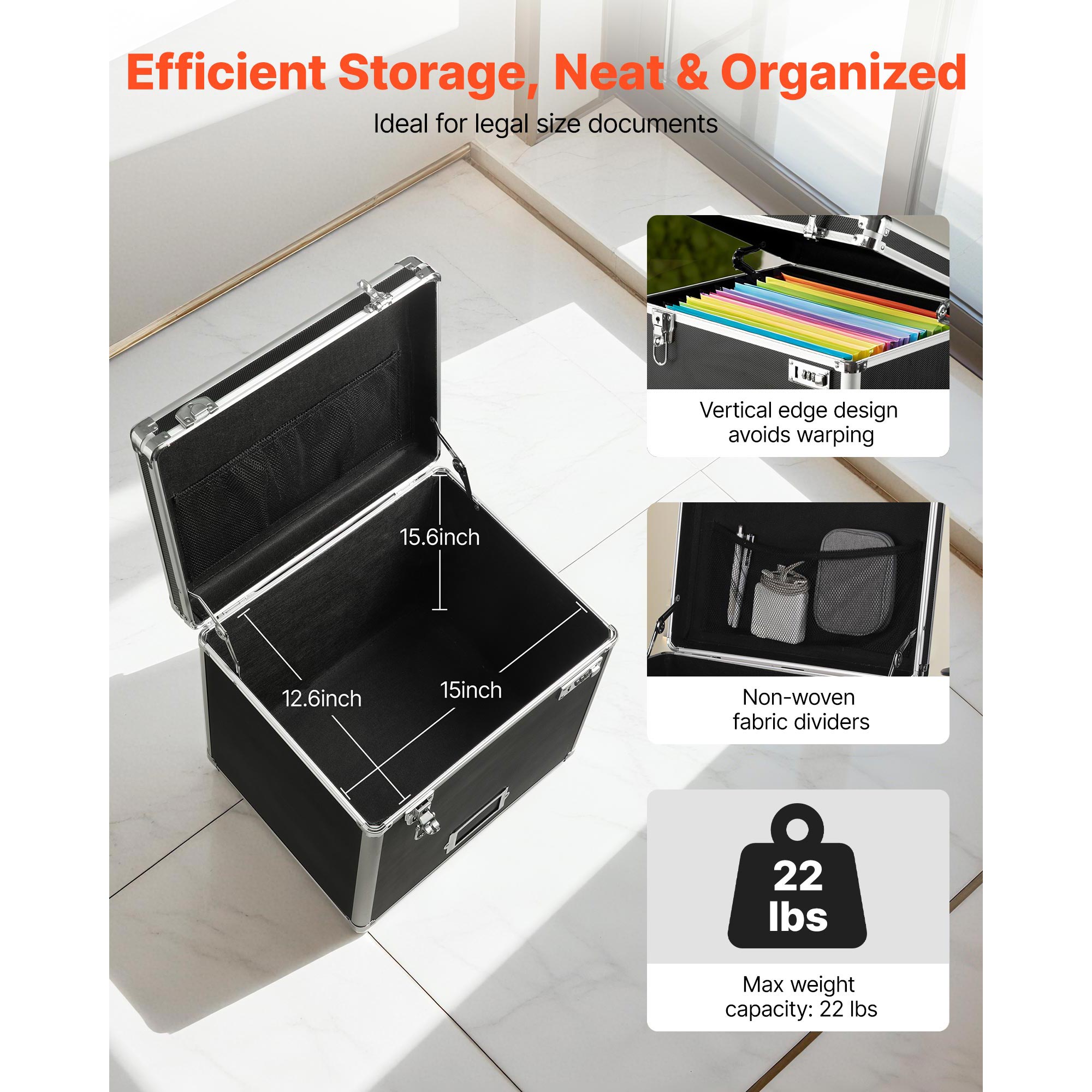 KFFKFF Portable File Storage Box, 15.6 x 12.6 x 15 inch Internal Dimensions, Lockable Mobile Organizer with Telescopic Handle, Rolling File Case for Home, Office, Hospitals, and Banks