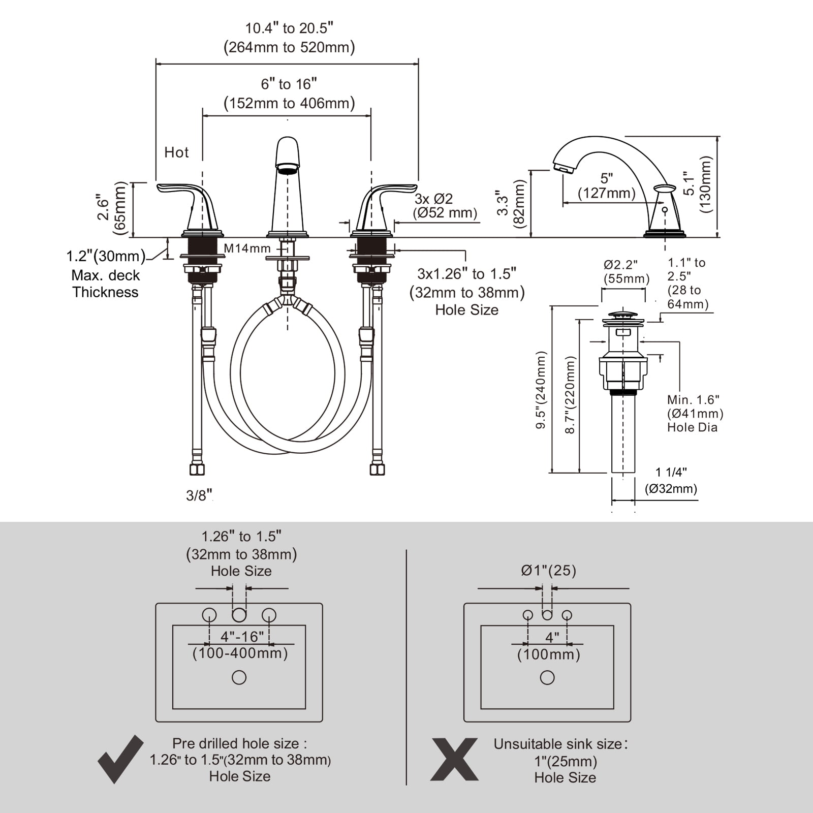 Wowow Widespread 2-Handle Bathroom Faucet in Black for Bathroom Sink with Pop Up Drain