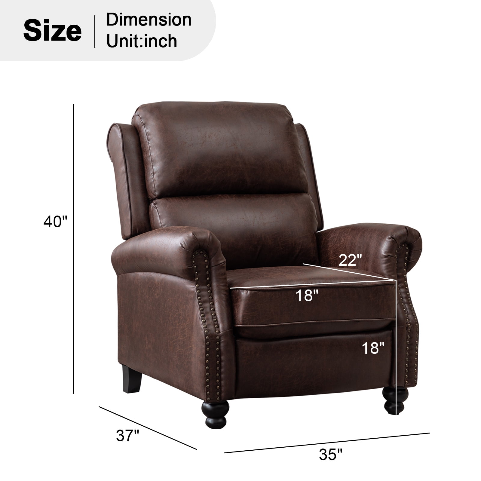 Bonzy Home Pushback Recliner Chair Leather Armchair Push Back Recliner with Nail Head Single Sofa Accent Chair for Living Room, Chestnut