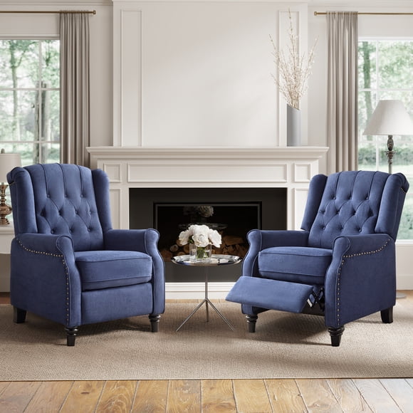Bonzy Home Push Back Recliner Chair, Mid Century Modern Wingback Chair, Fabric Armchair with Rivet Decoration & Solid Wood Legs, Upholstered Accent Chair for Living Room, Bedroom, Blue, 2 Pack