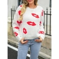 thumbnail image 2 of FEORJGP Women's Valentine’s Day Sweater Cartoon Lip Print Knitwear Jumper Long Sleeve Sweatshirt Round Neck Pullover Warm Knitted Chunky Cable Tops Loose Casual Spring Fall Clothes, 2 of 9