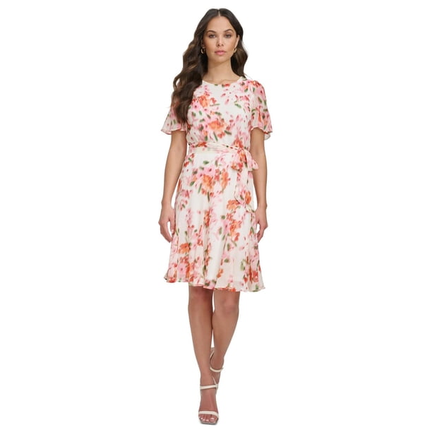 DKNY Womens Belted Gobet Jewel Fit & Flare Dress, white, Petite, 4P