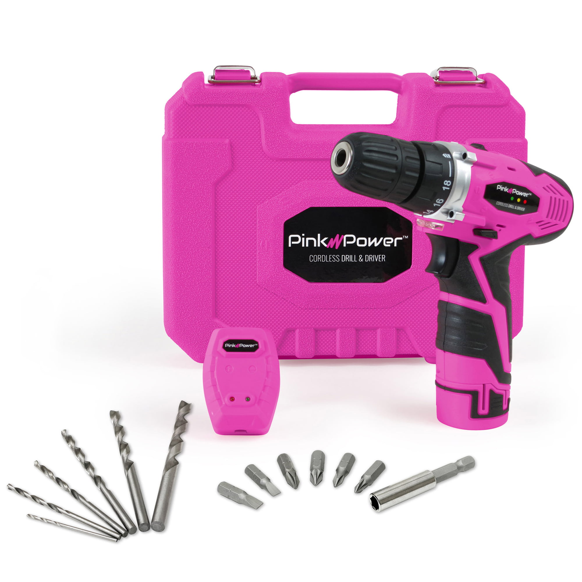 Pink Power Drill PP182 18V Cordless Electric Drill Driver Set for Women Charger and 2 Batteries Tool Case 18 Volt Drill 
