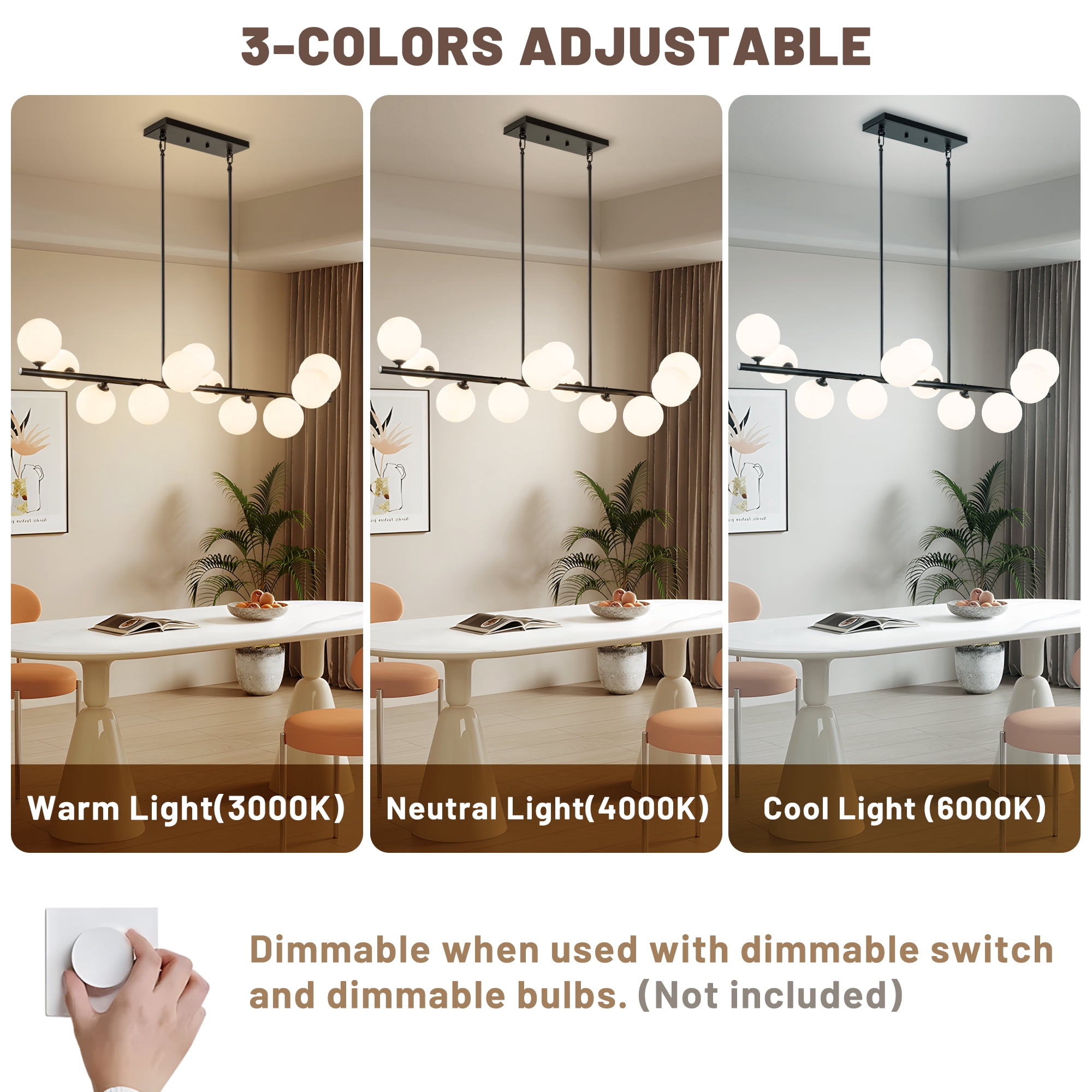 Uznhty Chandeliers for Dining Room Light Fixture with White Glass Globe,11-Lights Linear Chandelier 51 Inch Sputnik Chandelier for Kitchen Island Black Adjustable Hanging