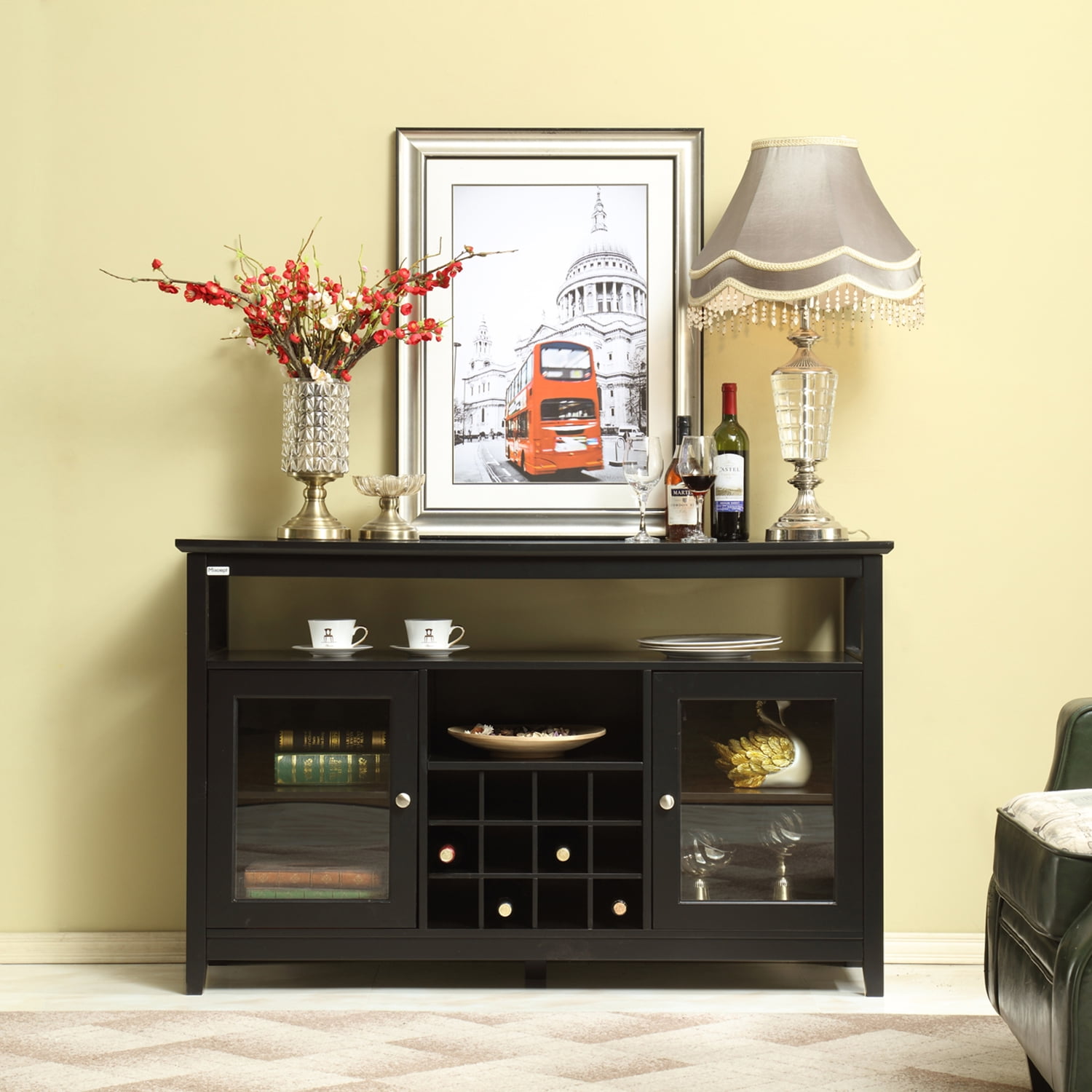 Resenkos 52" Black Sideboard Buffet Cabinet with Wine Rack, 2 Glass Doors Wine Storage Entertainment Center for up to 58 inches TV