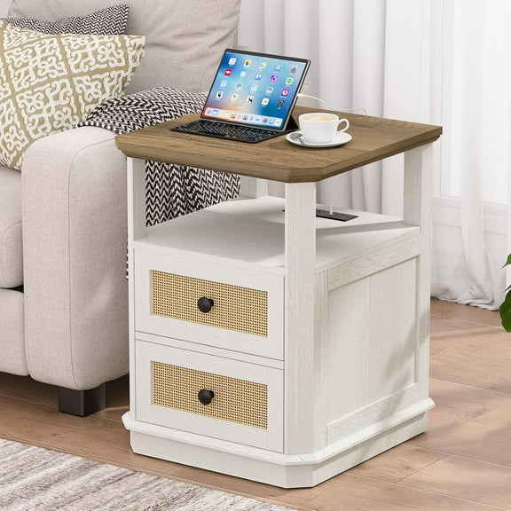 24" End Table with 2 Rattan Drawers & Charging Station,Safe Round Corner Nightstand, Large Storage Side Table for Living Room, Bedroom, Office,White