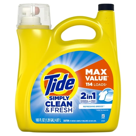 Tide Simply Liquid Laundry Detergent, Refreshing Breeze, 165 fl oz, 114 Loads