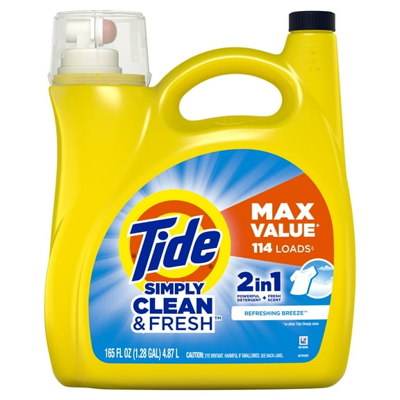 Tide Simply Liquid Laundry Detergent, Refreshing Breeze, 165 fl oz, 114 Loads