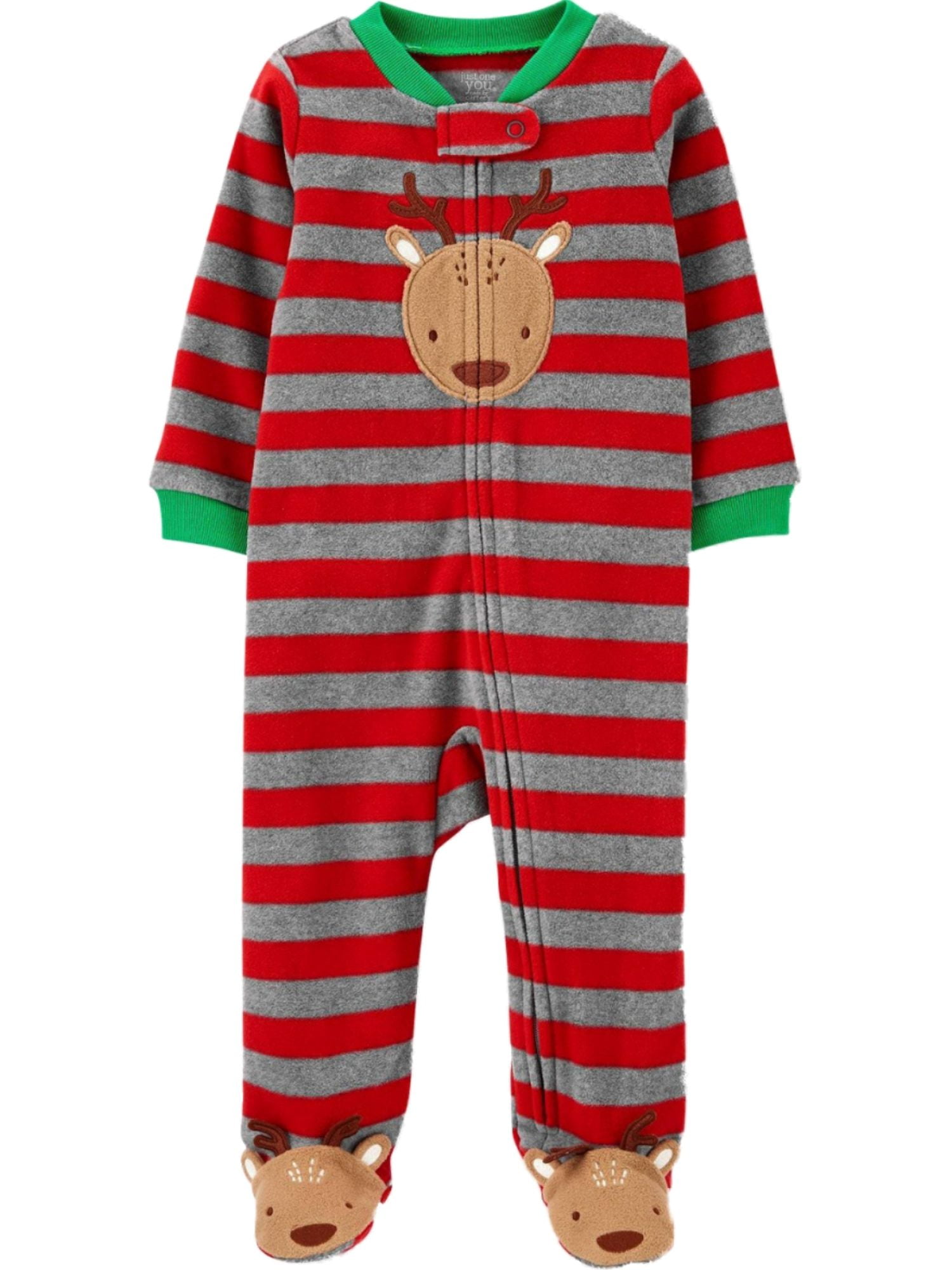Carters Infant Boys Red Stripe Fleece Christmas Reindeer Pajama Sleeper 