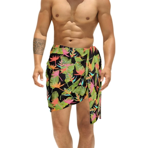 LA LEELA Men's Swimwear Pareo Beach Summer Short Sarong One Size Black, Leaves Vacation Holiday Party