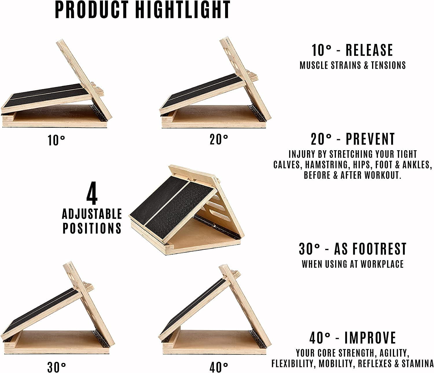 Yes4All Wooden Slant Board - 4 Incline Level: 10, 20, 30 & 40 degree