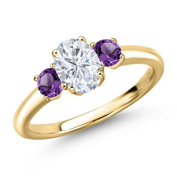 Gem Stone King 10K Yellow Gold White Moissanite and Purple Amethyst Engagement Ring for Women | 1.22 Cttw | Oval 7X5MM | Gemstone Birthstone | Size 8