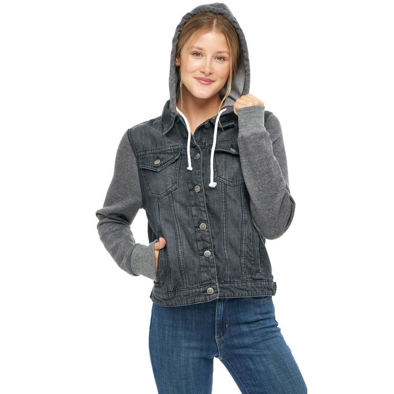 SKYLINEWEARS Women Hooded Denim Jacket Long Sleeve Layered Drawstring Hoodie Washed Jean Jacket Walmart