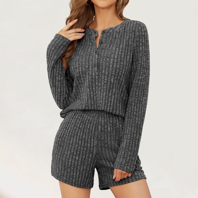 Conjunto de pijama de punto suelto para mujer, traje sencillo de 2 piezas a juego, ropa de descanso