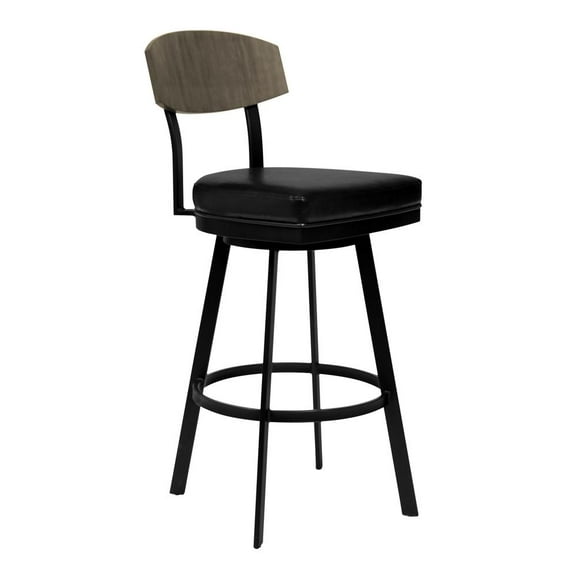 HomeRoots 26" Black Faux Leather Black Metal and Gray Walnut Open Back Swivel Bar Stool