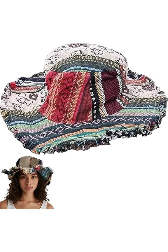 Frayed Patchwork Bucket Hat, Boho Multicolored Mushroom Hemp Hat for Men Women, Vintage Shapeable Wide Brim Sun Hat (1pc)