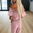 thumbnail image 3 of MORTTIC Women’s Elegant Off-Shoulder Ruffle Sleeve Jumpsuit Summer Solid Color Wide-Leg Romper with Tie Waist | Casual & Chic One-Piece Outfit, 3 of 4