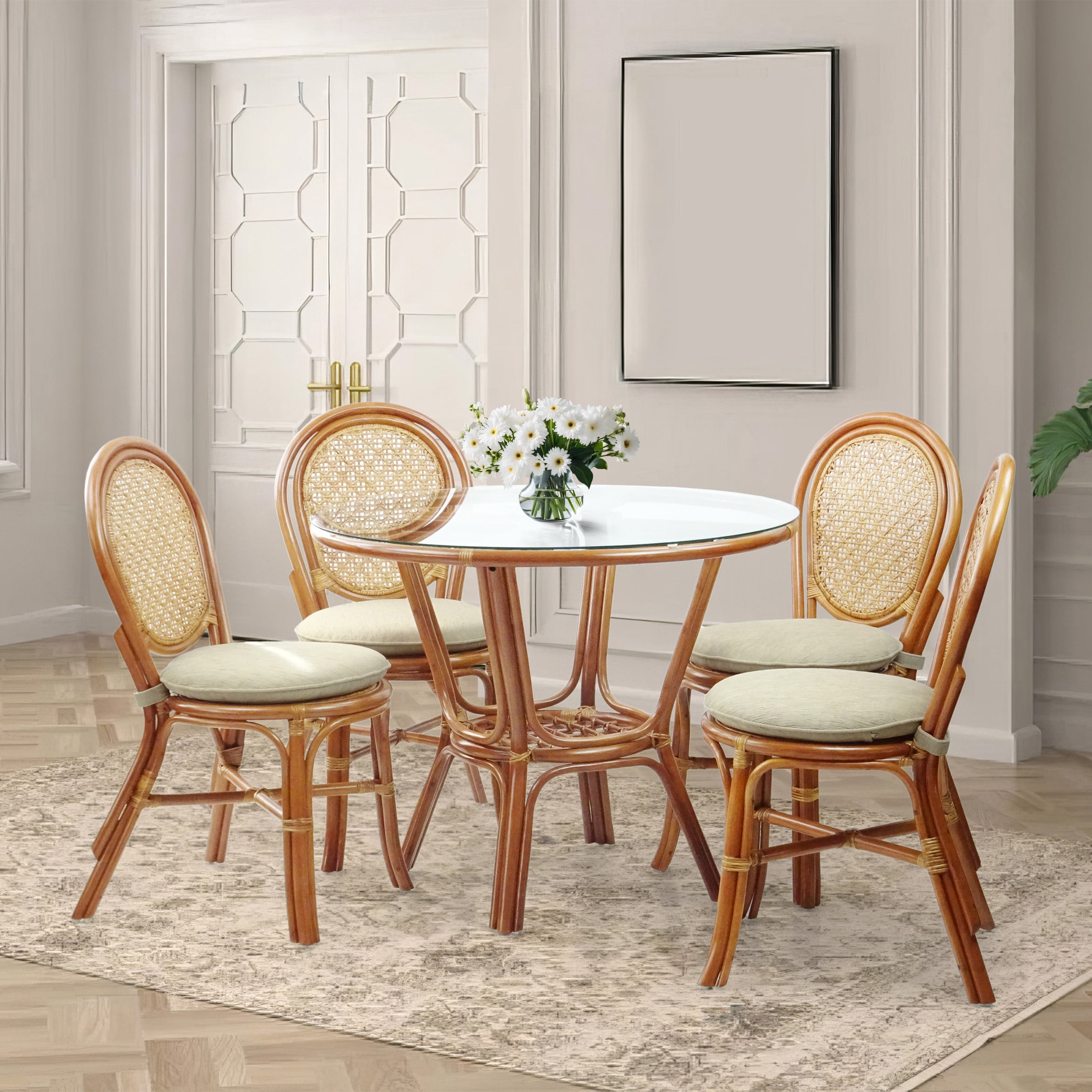 Set of 4 Denver Dining Handmade Wicker Side Chairs with Cream Cushions Natural Rattan, Colonial Color