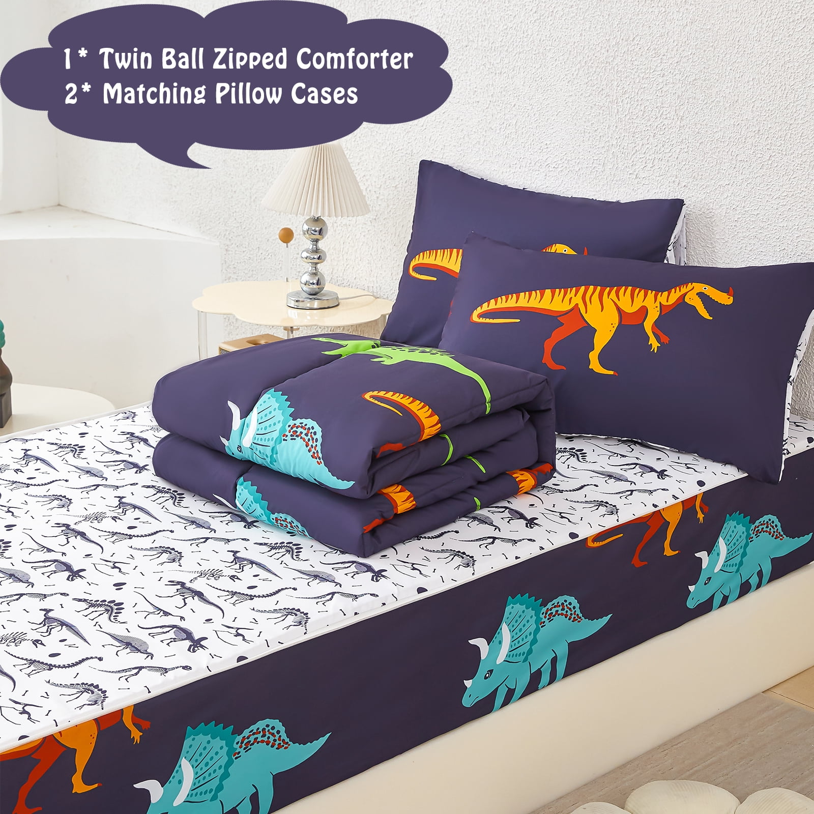 ZRNBAST 3 Pieces Dinosaur Zipper Comforter Sets, Twin Size Bedding Set for Kids Boys, Soft Cartoon Dinosaurs Print Zip Up Bed Set with Fitted Sheet and Pillowcases(Dark Blue,Twin)