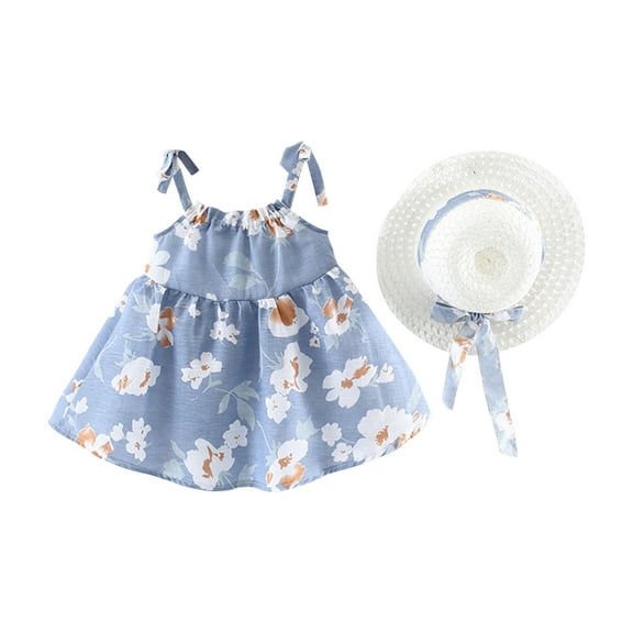 Fesfesfes Toddler Kids Baby Girls Cute Summer Flowers Print Suspender Dress Skirt Hat Suit