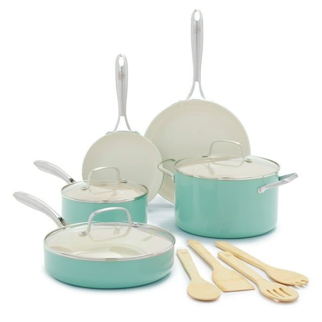 GreenLife Artisan Healthy Ceramic Antiadherente, Juego de Ollas y Sartenes de 12 Piezas, Mango de Acero Inoxidable, Inducción, Sin PFAS, Apto para Lavavajillas, Apto para Horno, Turquesa