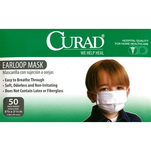CURAD Masque Facial Taille Enfant avec Boucles d'Oreilles Blanc, Boîte de 50